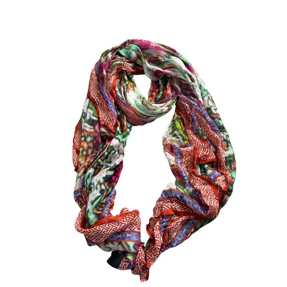 Accessories - Multicolor Abstract Floral Scarf 89x40 Large‎ Lightweight Wrap Red Border